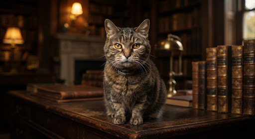 Retrato de gato sénior en estudio clínico con iluminación tenue